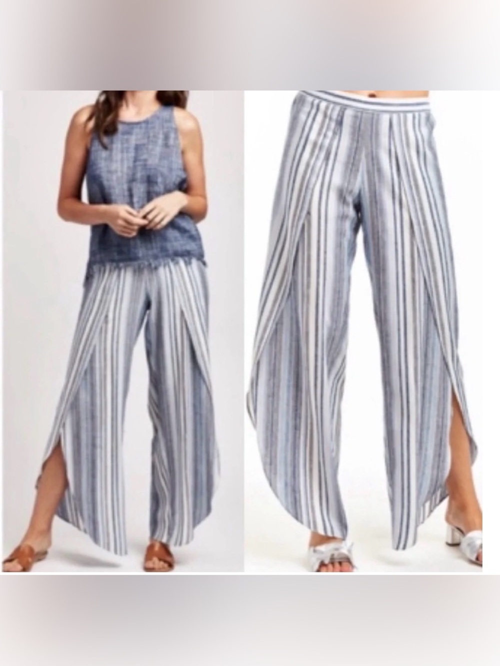 Drew Striped Blue & White Linen Wide-Leg Split-Hem Pants